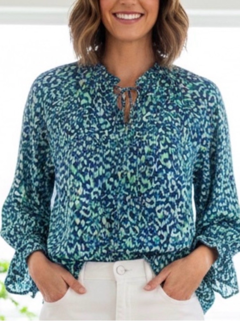 NWT AnnieWear Los Angeles Boho Chiffon Blouse Blue Green Ikat Ruffle Sleeve